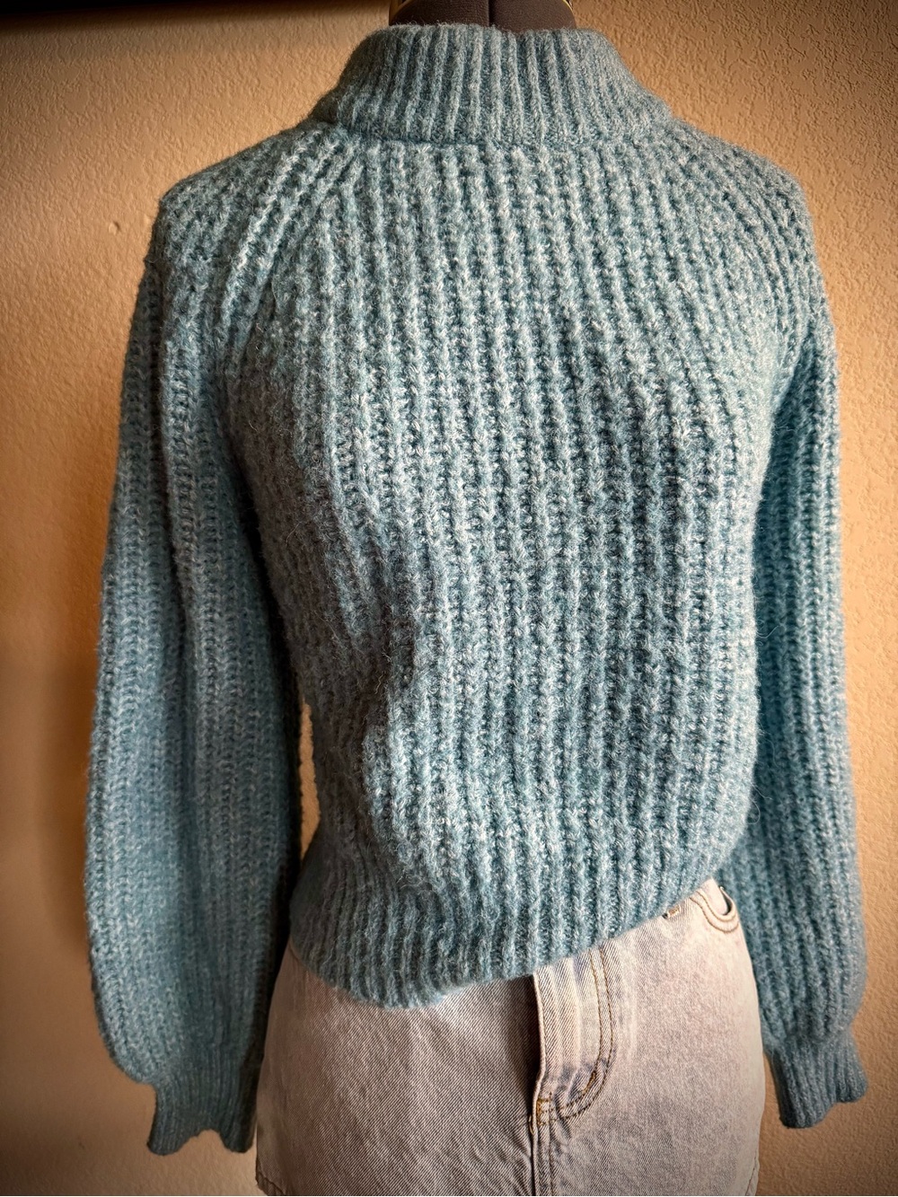 Thick Knit Blue Long Sleeve Mock Neck Pullover Sweater S